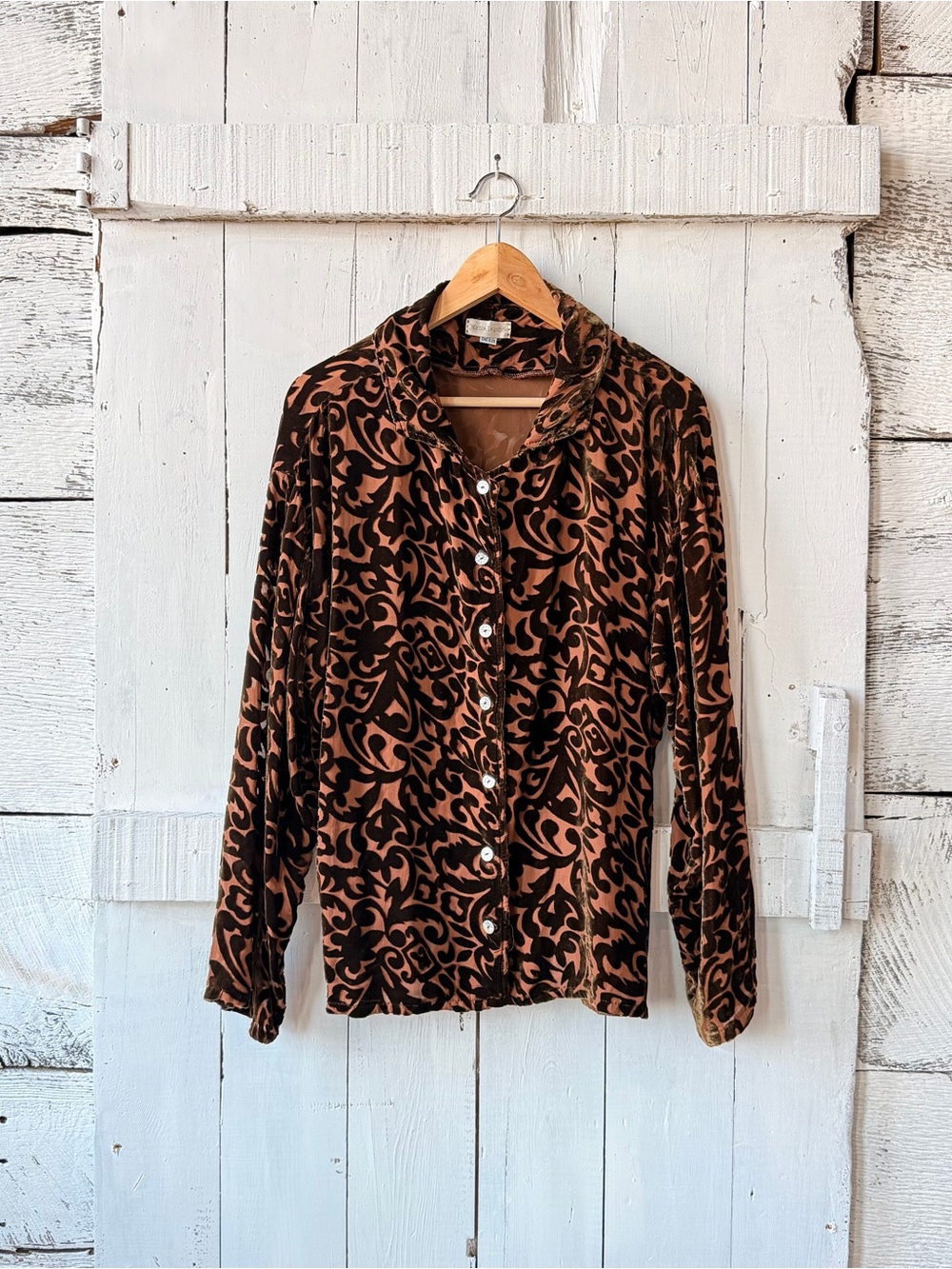 Krista Larson Brown Black Burnout Velvet Floral Blouse One Size